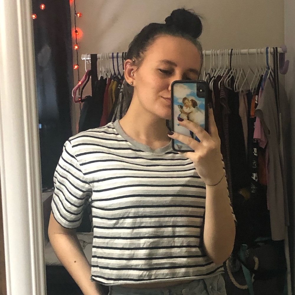 black, white, and grey stripped shirt